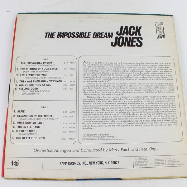 Jack Jones The Impossible Dream 1966 Kapp LP KS 3486