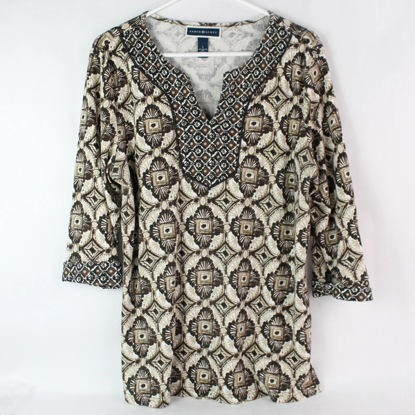 Karen Scott Brown Geometric Patterned 3/4-Sleeve Top Women's Size Large