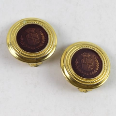 Vtg Liz Claiborne Gold tone Clip On Earrings Brown Logo Enamel Shield Crest 