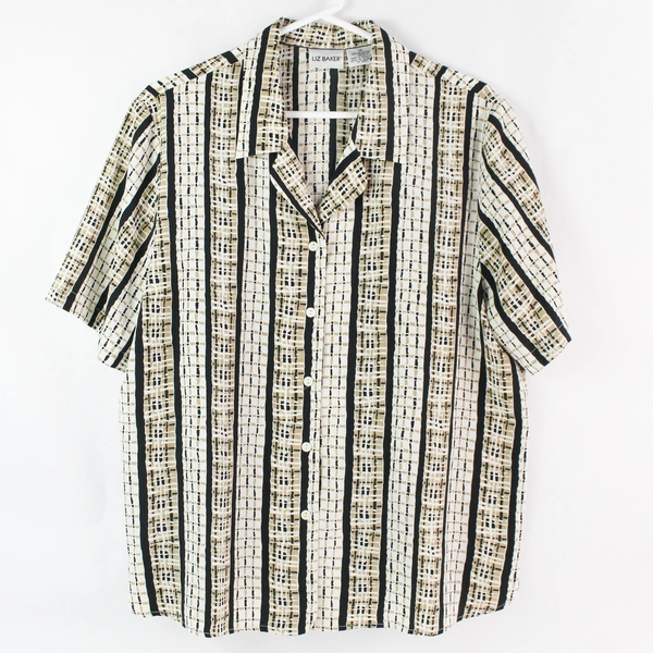 Liz Baker Beige and Black Patterned Button-Up Collared Shirt Women's Size 14