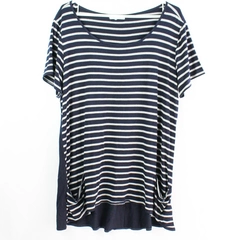 Ava James Navy Blue and Gray Striped T-Shirt with Pockets Women's Large