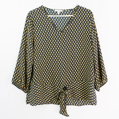 Moa Moa Blue Gold White Geometric Patterned V-Neck Blouse Women's Size XL