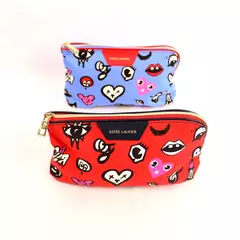 Lot of 2 Estee Lauder Travel Cosmetic Bags Red & Blue Makeup Pouches