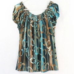 Blue and Brown Printed Short-Sleeve Blouse Women's Size Medium