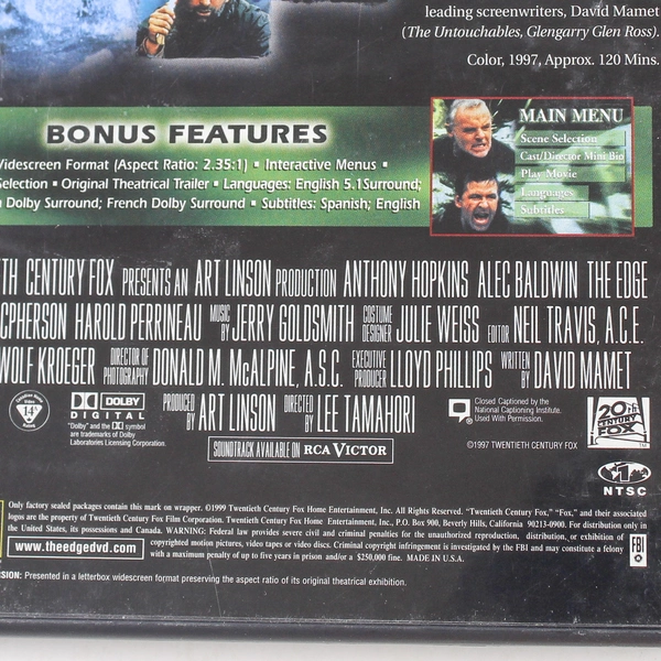 Edge DVD 1997 20th Century Fox Anthony Hopkins Alec Baldwin