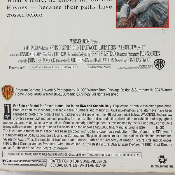 A Perfect World VHS 1994 Widescreen Clint Eastwood Kevin Costner