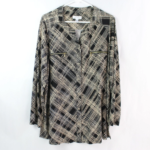 Susan Graver Black Beige Geometric Long-Sleeved Button-Up Top Women's Size 1X