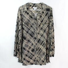 Susan Graver Black Beige Geometric Long-Sleeved Button-Up Top Women's Size 1X