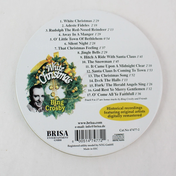 White Christmas Bing Crosby Music CD 1995 Brisa Compilation Tin Can Packaging