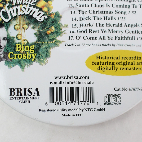 White Christmas Bing Crosby Music CD 1995 Brisa Compilation Tin Can Packaging