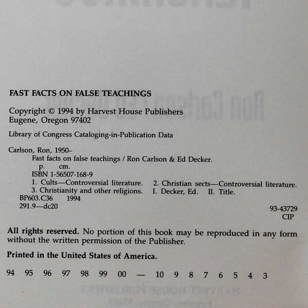Fast Facts On False Teachings Ron Carlson Ed Decker 1994 Harvest House PB Book