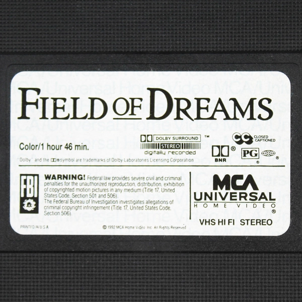 Field Of Dreams 1992 PG Film VHS Kevin Costner MCA Universal