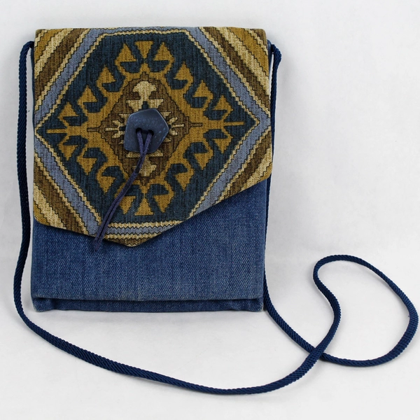 Unbranded Blue Denim Fabric Cross Body Bag w/ Unique Pattern Magnetic Closure