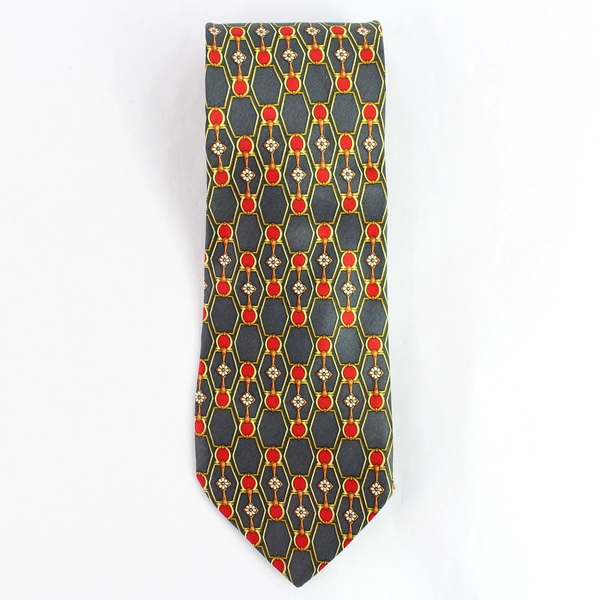 Sinsabang 100% Pure Silk Tie Geometric Pattern Navy Blue Red Gold White