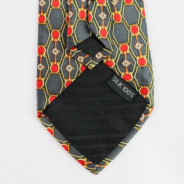 Sinsabang 100% Pure Silk Tie Geometric Pattern Navy Blue Red Gold White