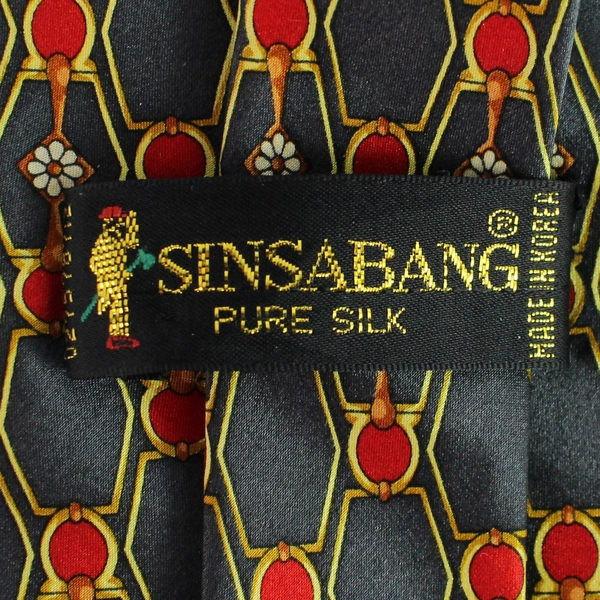 Sinsabang 100% Pure Silk Tie Geometric Pattern Navy Blue Red Gold White
