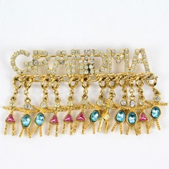 Vtg Cookie Lee Rhinestone And Gold Tone Grandma Brooch Pin W/ Grandchild Charms