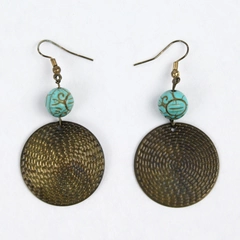 Vintage Hand Carved Turquoise Bead And Textured Brass Metal Disk Dangle Earrings