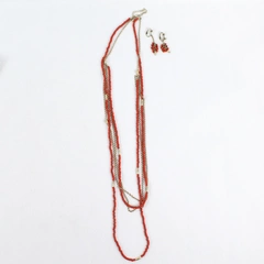 Vtg 4 Strand Handmade Chain And Red Seed Bead Necklace W/ Clip On Earrings 