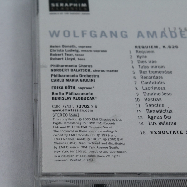 Mozart: Requiem / Exsultate Jubilate Music CD 2000 Seraphim Classics