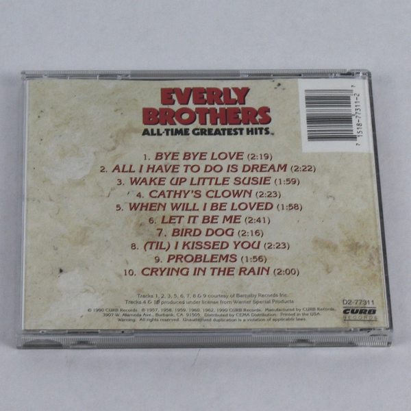 Everly Brothers All-Time Greatest Hits Audio Music CD 1990 CURB Records