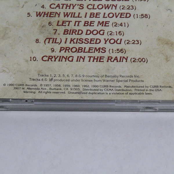 Everly Brothers All-Time Greatest Hits Audio Music CD 1990 CURB Records