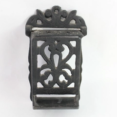 Ornate Vintage Black Cast Iron Wall Mount Matchbox Holder/Dispenser w/ Lid