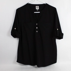 Anne Klein Women's Black Short Sleeve Stretchy Shirt Top Size M 1/4 Button Up