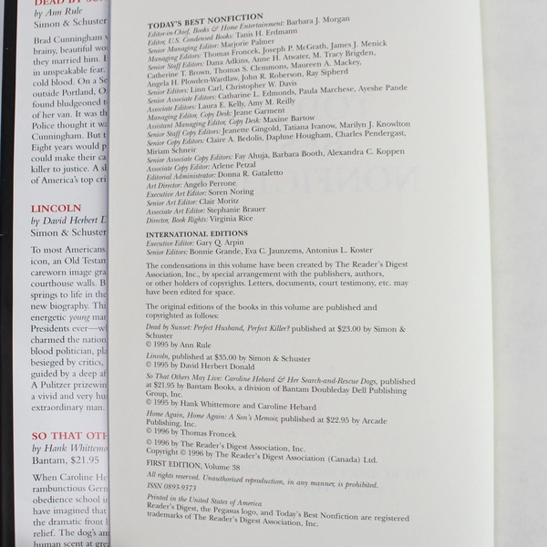 Today's Best Nonfiction The Readers Digest Association 1996 HC Dust Jacket
