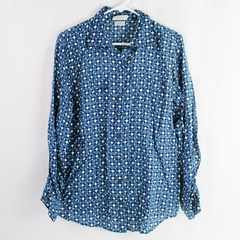 Van Heusen Blue Geometric Long-Sleeved Button-Up Blouse Women's Large
