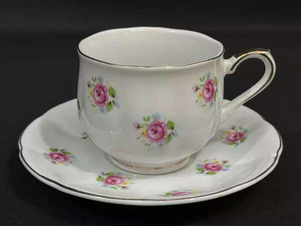 FTD Extra Touch Vintage Porcelain Cup & Saucer Set White Pink Roses Gold Trim