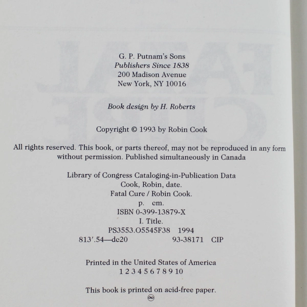 Fatal Cure by Robin Cook 1993 Hardcover