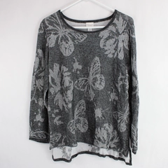 Weekends by Chico's Gray Butterfly and Floral Pattern Knit Top Women's Size 2