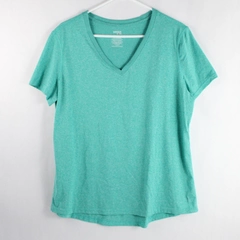 Danskin Now V-Neck T-Shirt Green White Women's Size XXL Asymmetrical Hem