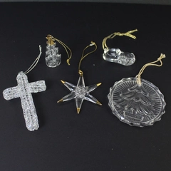 Lot of 5 Clear Glass Christmas Tree Hanging Ornaments Cross Shoe Star