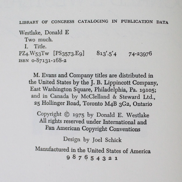 Two Much by Donald Westlake 1975 M. Evans and Company Signed by Author HC DJ