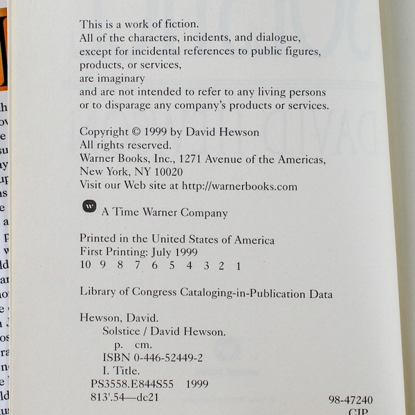 Solstice A Thriller by David Hewson 1999 Hardcover