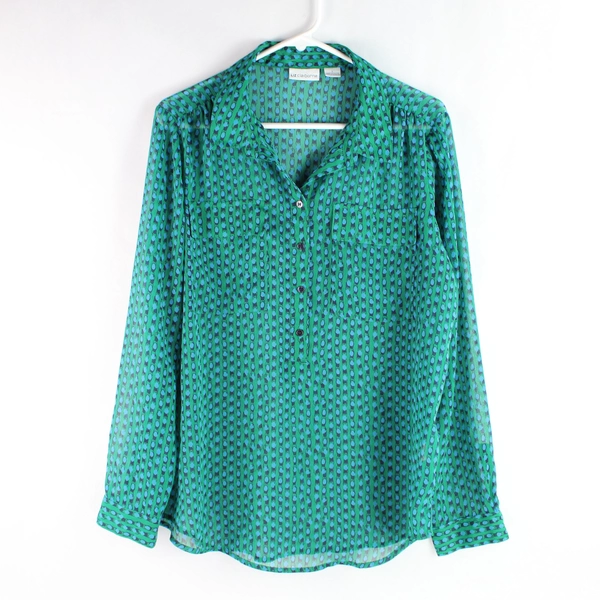 Liz Claiborne Sheer Green & Blue Half-Button Blouse Women's Size Large