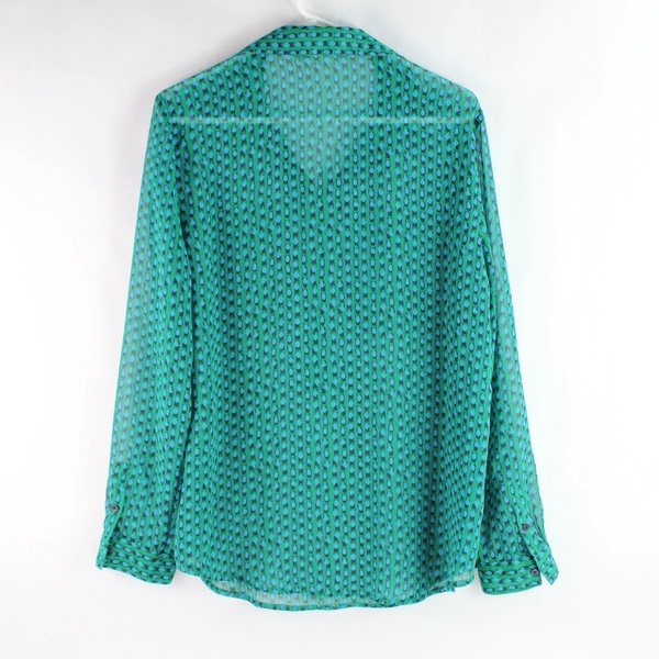 Liz Claiborne Sheer Green & Blue Half-Button Blouse Women's Size Large