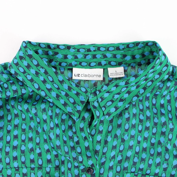Liz Claiborne Sheer Green & Blue Half-Button Blouse Women's Size Large