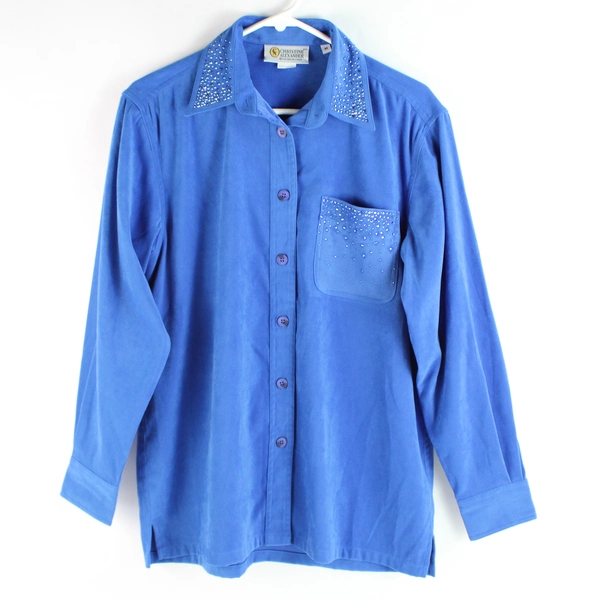 Christine Alexander Bedazzled Blue Button-Down Shirt Women's Size Medium