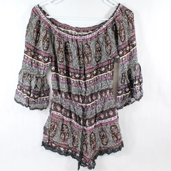 Forever 21 Purple Black Romper Women's Size S Bell Sleeves Elastic Waist