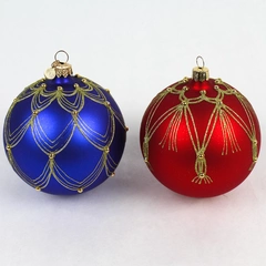 Lot of 2 Red Blue Glass Ball Christmas Ornaments With Gold Glitter Accents