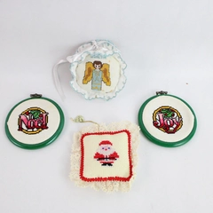 Lot of 4 Embroidered Christmas Themed Ornaments For Hanging