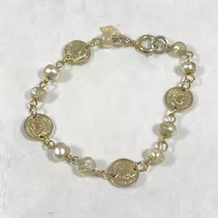 Vintage Sarah Coventry Emperor Napoleon Coin Faux Pearl Chain Bracelet 6.5 inch