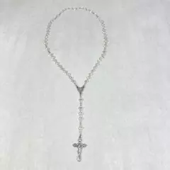 Heart Shaped Clear Glass Bead Rosary With Silver Tone Cross Italy 17.5 Inch