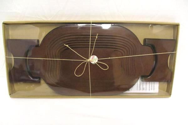 Vintage Oval Dark Wood Collapsible Serving Trivet 2 Handles In Original Package