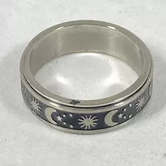 Enamel Moon And Sun Spinner Ring Silver Tone And Black Women's Size 6