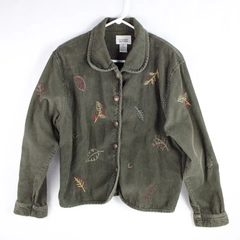 Christopher & Banks Autumn Leaf Embroidered Green Corduroy Coat Women's XL