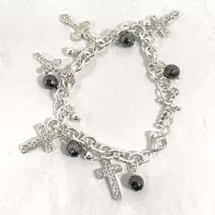 Women's Silver Tone Cross And Onyx Bead Charm Bracelet